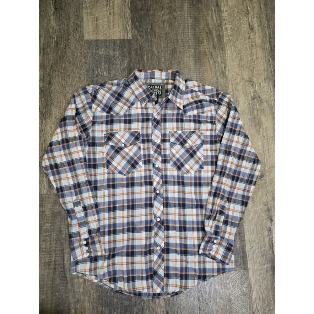Casual Country Outfitters Blue and Orange Pearl Snap Button Up Size Large